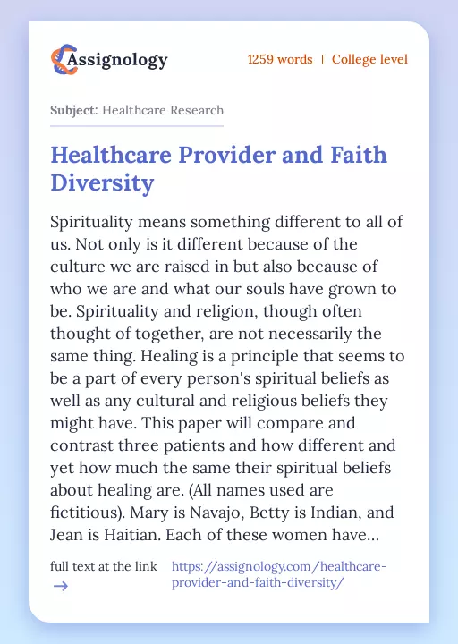 Healthcare Provider and Faith Diversity - Essay Preview