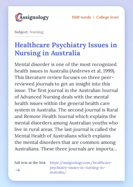 Healthcare Psychiatry Issues in Nursing in Australia - Essay Preview