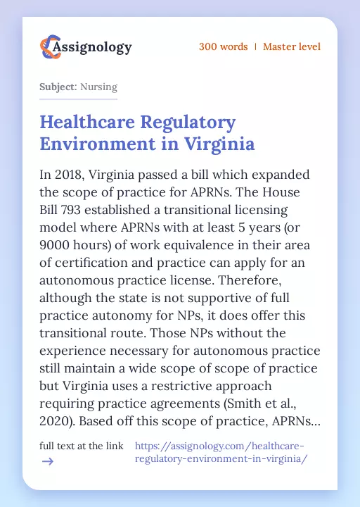 Healthcare Regulatory Environment in Virginia - Essay Preview