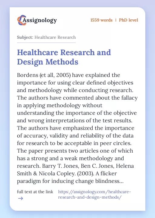 Healthcare Research and Design Methods - Essay Preview