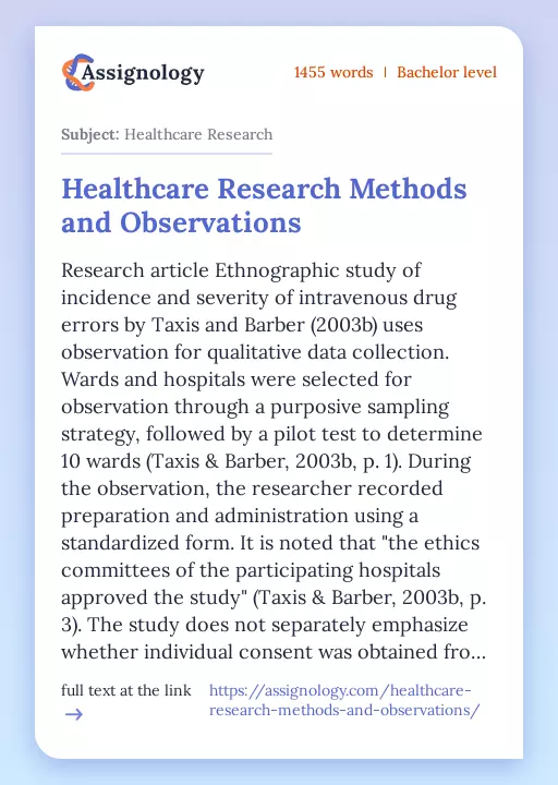 Healthcare Research Methods and Observations - Essay Preview