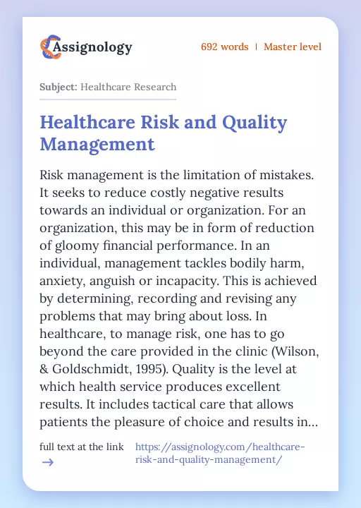 Healthcare Risk and Quality Management - Essay Preview