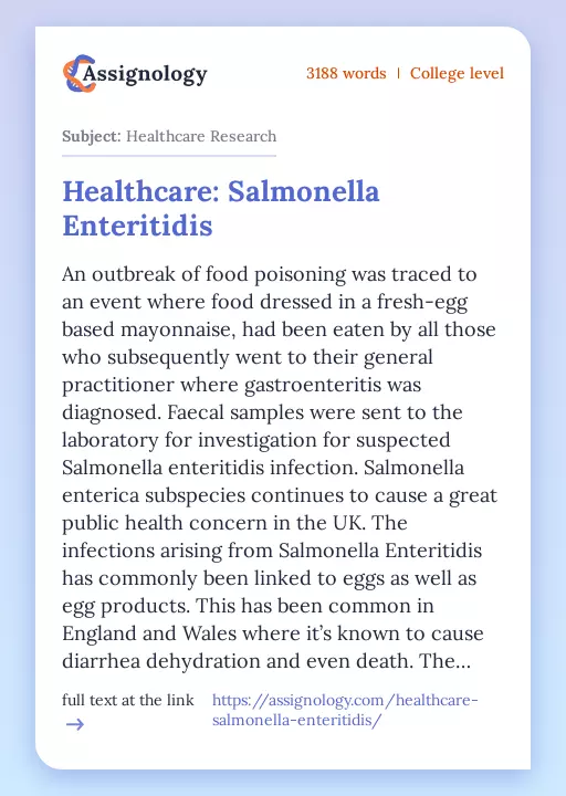 Healthcare: Salmonella Enteritidis - Essay Preview