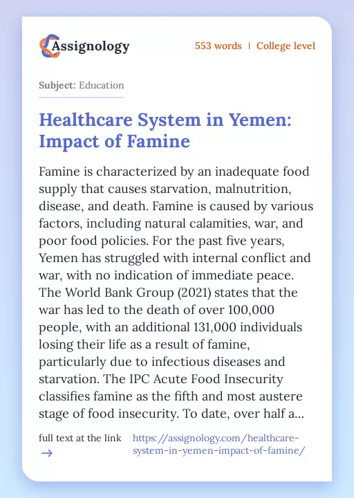 Healthcare System in Yemen: Impact of Famine - Essay Preview