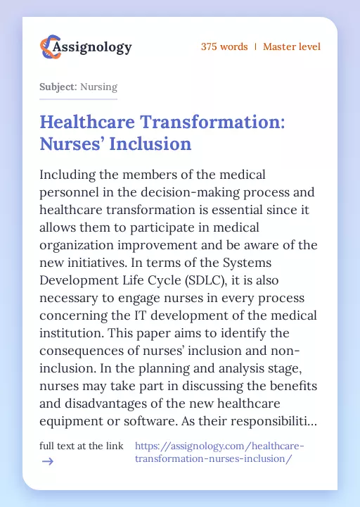 Healthcare Transformation: Nurses’ Inclusion - Essay Preview