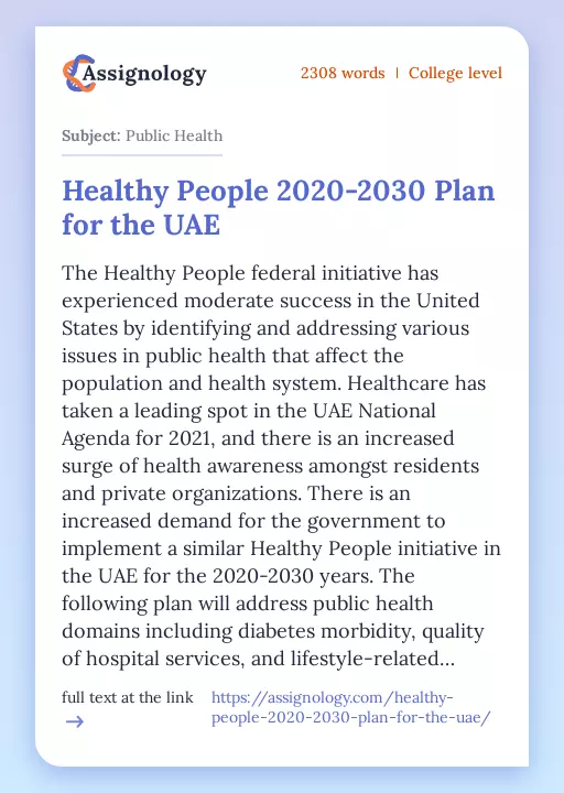 Healthy People 2020-2030 Plan for the UAE - Essay Preview