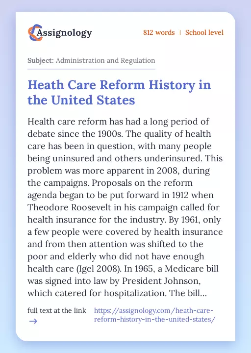 Heath Care Reform History in the United States - Essay Preview