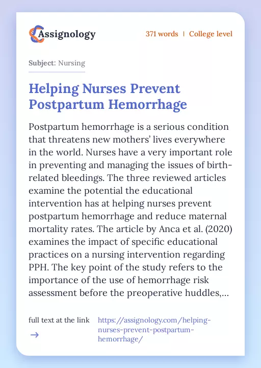 Helping Nurses Prevent Postpartum Hemorrhage - Essay Preview