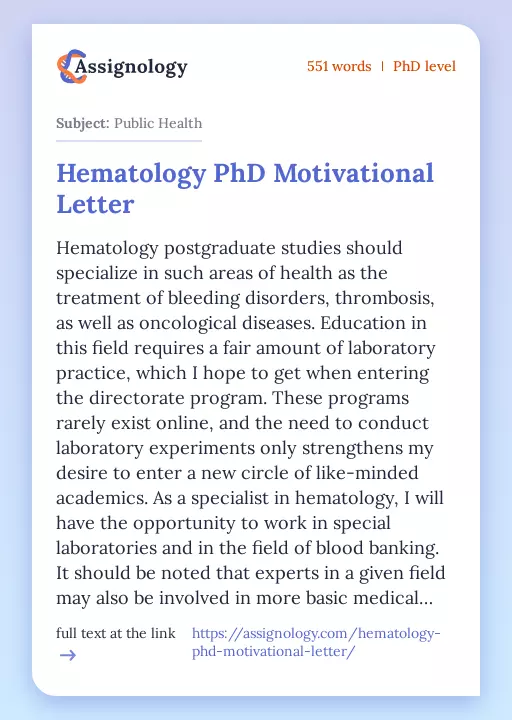 Hematology PhD Motivational Letter - Essay Preview