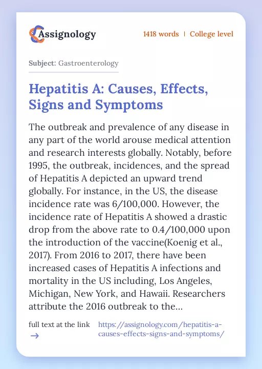 Hepatitis A: Causes, Effects, Signs and Symptoms - Essay Preview