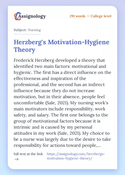 Herzberg's Motivation-Hygiene Theory - Essay Preview