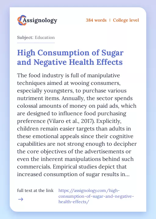 High Consumption of Sugar and Negative Health Effects - Essay Preview