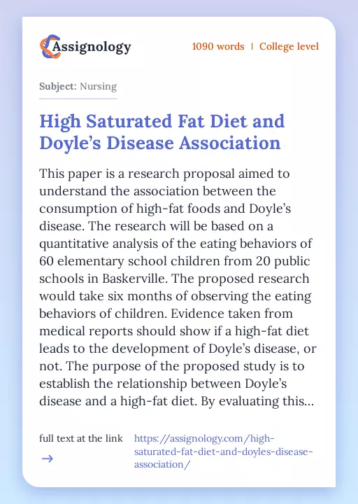 High Saturated Fat Diet and Doyle’s Disease Association - Essay Preview