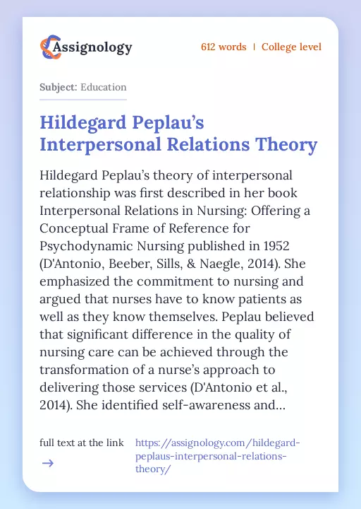 Hildegard Peplau’s Interpersonal Relations Theory - Essay Preview