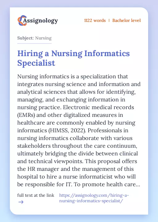 Hiring a Nursing Informatics Specialist - Essay Preview