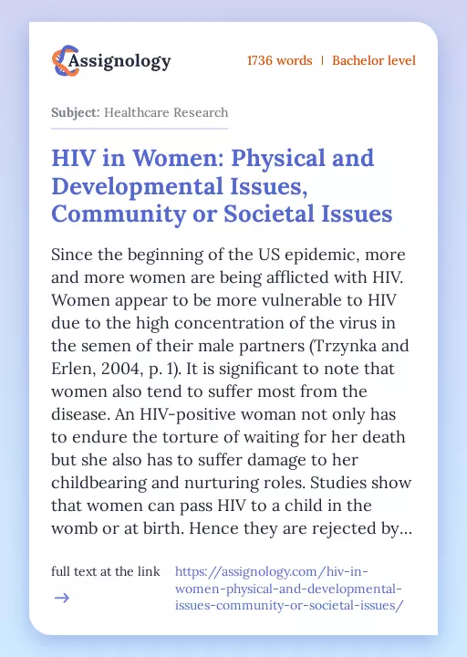 HIV in Women: Physical and Developmental Issues, Community or Societal Issues - Essay Preview