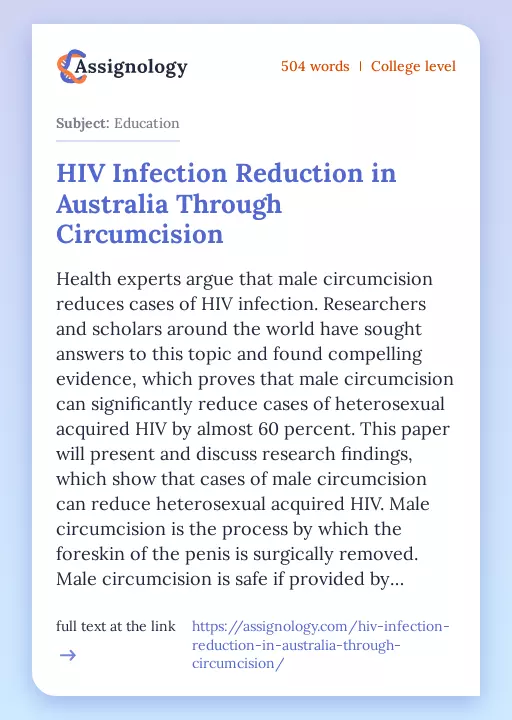 HIV Infection Reduction in Australia Through Circumcision - Essay Preview