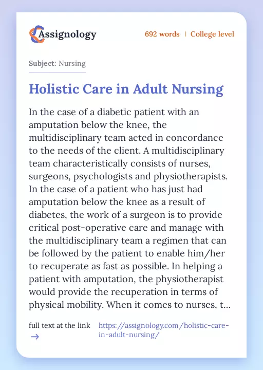 Holistic Care in Adult Nursing - Essay Preview