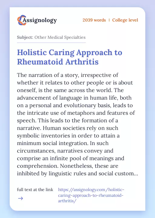 Holistic Caring Approach to Rheumatoid Arthritis - Essay Preview