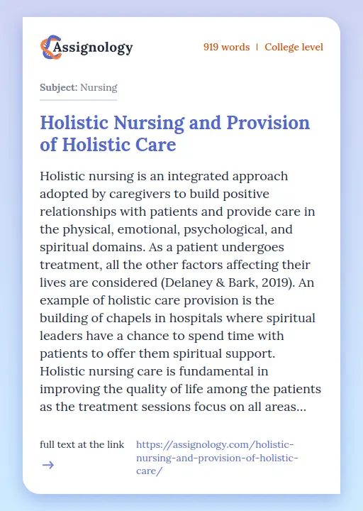 Holistic Nursing and Provision of Holistic Care - Essay Preview