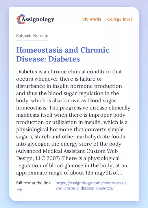 Homeostasis and Chronic Disease: Diabetes - Essay Preview