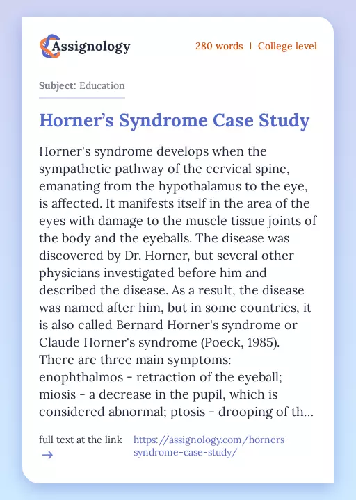 Horner’s Syndrome Case Study - Essay Preview