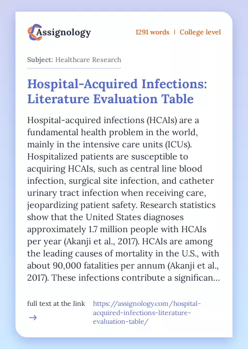 Hospital-Acquired Infections: Literature Evaluation Table - Essay Preview