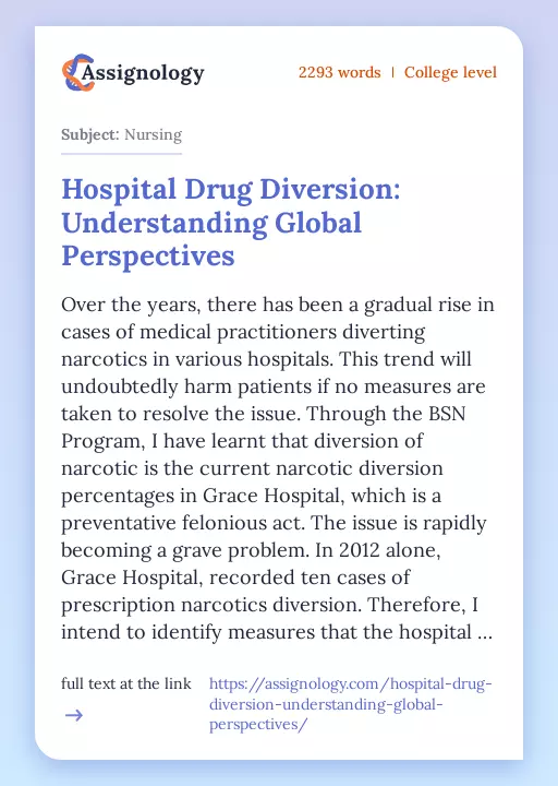 Hospital Drug Diversion: Understanding Global Perspectives - Essay Preview