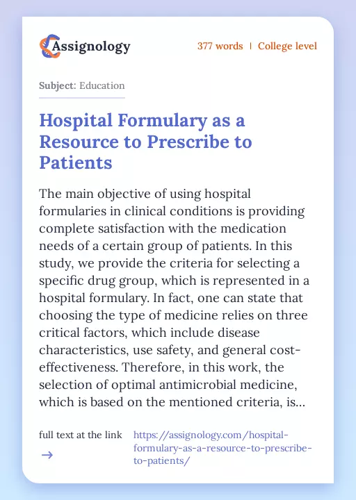 Hospital Formulary as a Resource to Prescribe to Patients - Essay Preview