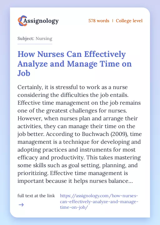 How Nurses Can Effectively Analyze and Manage Time on Job - Essay Preview