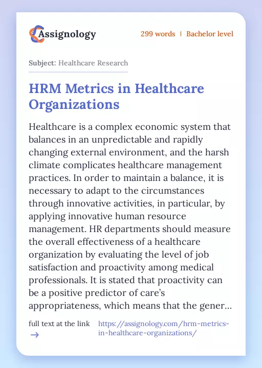 HRM Metrics in Healthcare Organizations - Essay Preview