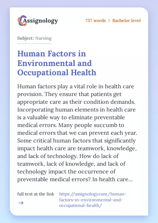 Human Factors in Environmental and Occupational Health - Essay Preview