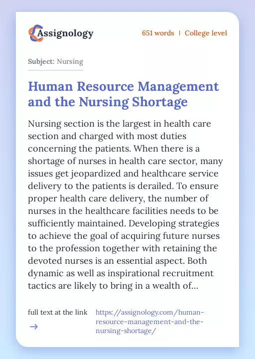 Human Resource Management and the Nursing Shortage - Essay Preview