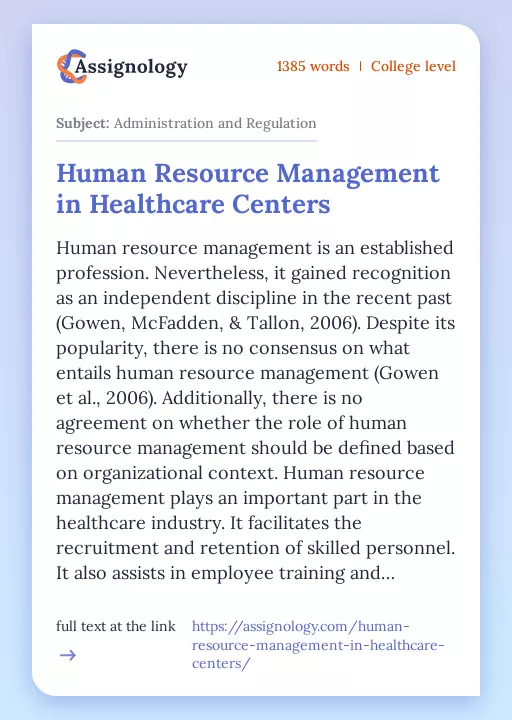 Human Resource Management in Healthcare Centers - Essay Preview