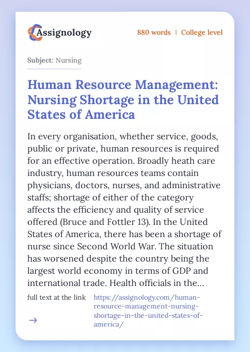 Human Resource Management: Nursing Shortage in the United States of America - Essay Preview