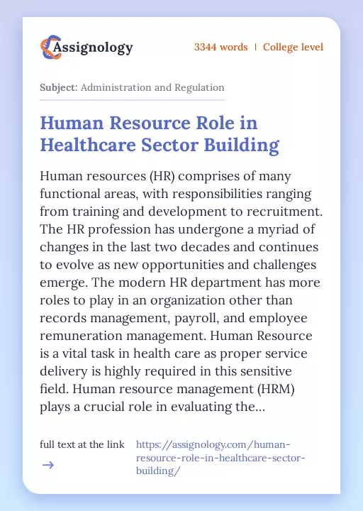 Human Resource Role in Healthcare Sector Building - Essay Preview