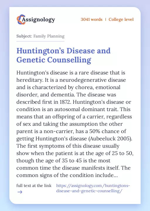 Huntington’s Disease and Genetic Counselling - Essay Preview