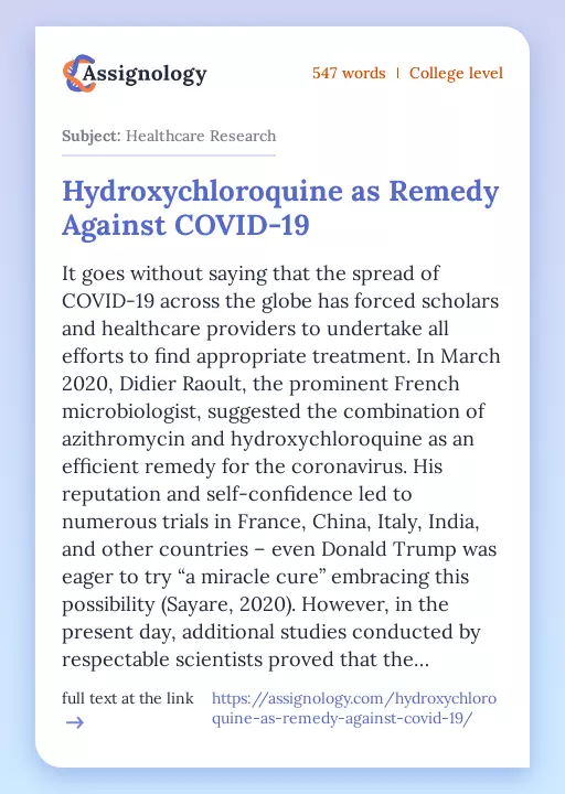 Hydroxychloroquine as Remedy Against COVID-19 - Essay Preview