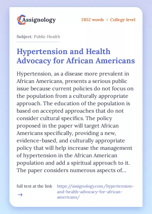 Hypertension and Health Advocacy for African Americans - Essay Preview