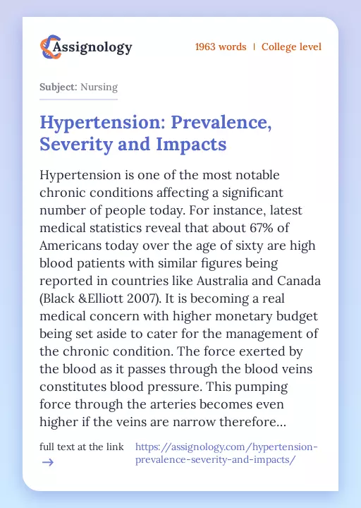 Hypertension: Prevalence, Severity and Impacts - Essay Preview
