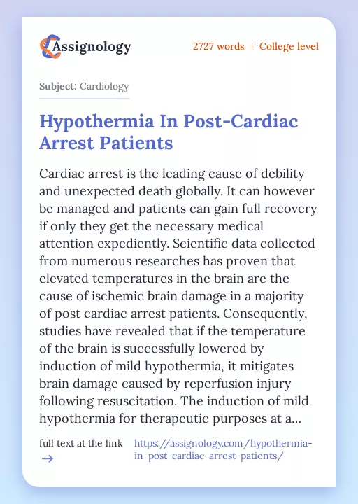 Hypothermia In Post-Cardiac Arrest Patients - Essay Preview