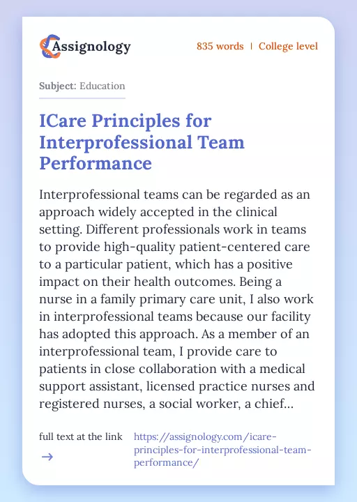 ICare Principles for Interprofessional Team Performance - Essay Preview