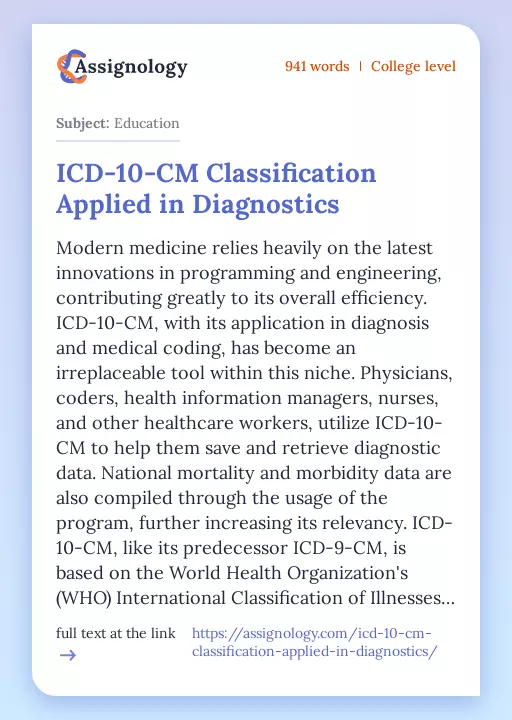 ICD-10-CM Classification Applied in Diagnostics - Essay Preview