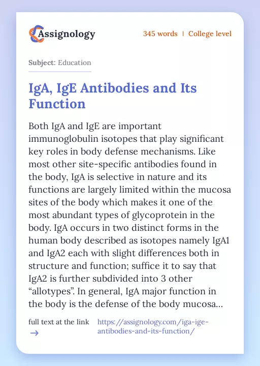 IgA, IgE Antibodies and Its Function - Essay Preview