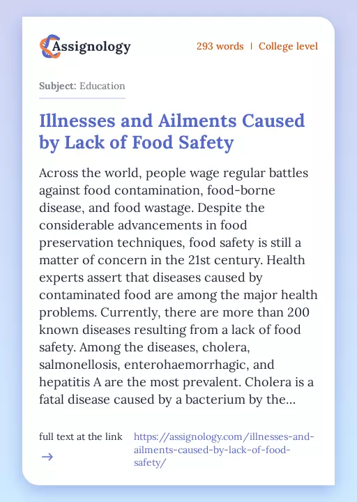 Illnesses and Ailments Caused by Lack of Food Safety - Essay Preview