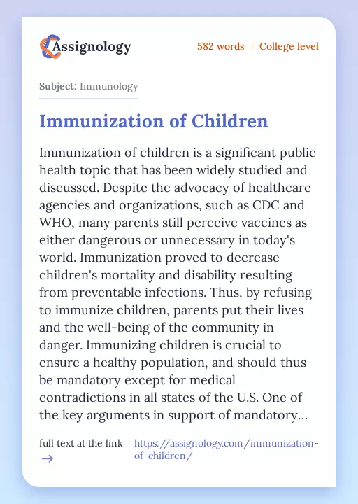 Immunization of Children - Essay Preview