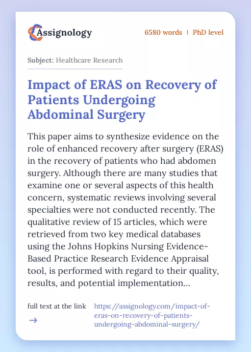 Impact of ERAS on Recovery of Patients Undergoing Abdominal Surgery - Essay Preview