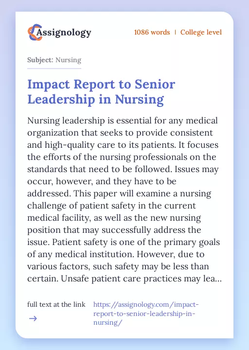 Impact Report to Senior Leadership in Nursing - Essay Preview