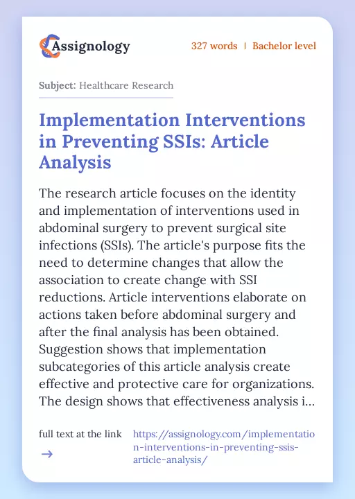 Implementation Interventions in Preventing SSIs: Article Analysis - Essay Preview