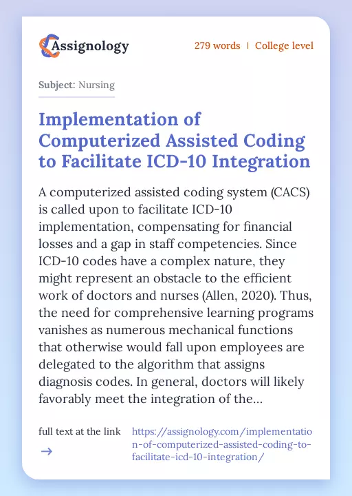 Implementation of Computerized Assisted Coding to Facilitate ICD-10 Integration - Essay Preview